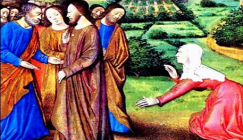 « La femme de Syro- Phénicie ou la Cananéenne implorant Jésus » détail Enluminure des Riches Heures du Duc de Berry de Jean Colombe - 1485/89 - CHANTILLY