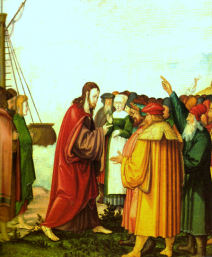 Les Pharisiens et docteurs de la Loi demandent un signe à JESUS Détail du retable de Montbéliard ( XVI°S. ) H. FÜLLMAURER -VIENNE