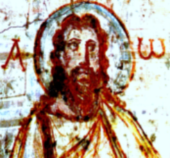 Détail d’une peinture sur la voûte de la Catacombe de Commodille à ROME (IV°Siècle) Portrait du CHRIST entouré de la première et de la dernière lettre de l’Alphabet grec (Alpha et Omega) pour signifier selon l’Apocalypse (22/13) que le Christ est le commencement et la fin de tout